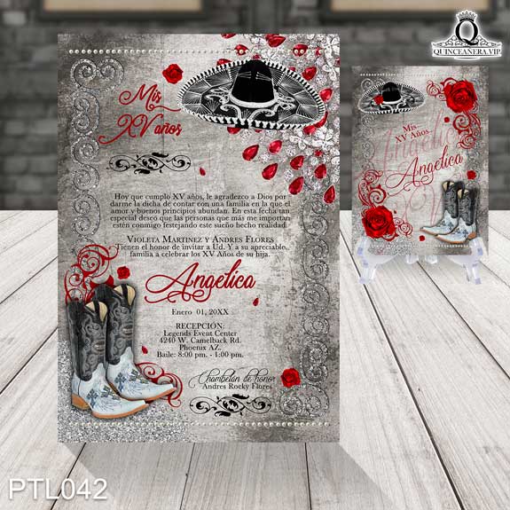 Invitaciones de Quinceañera de Mexicana Charra Rosas PTL042 - PTL042