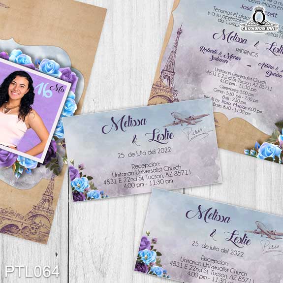 Invitaciones de Quinceañera de Torre Eiffel Flores PTL064 - PTL064