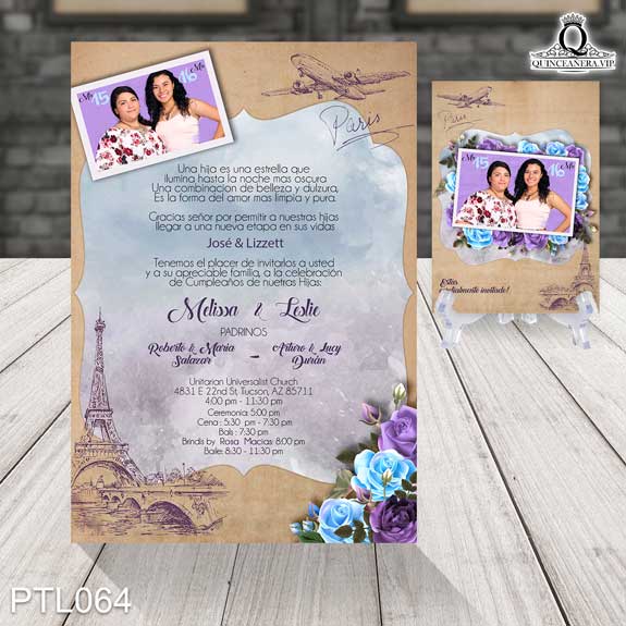 Invitaciones de Quinceañera de Torre Eiffel Flores PTL064 - PTL064