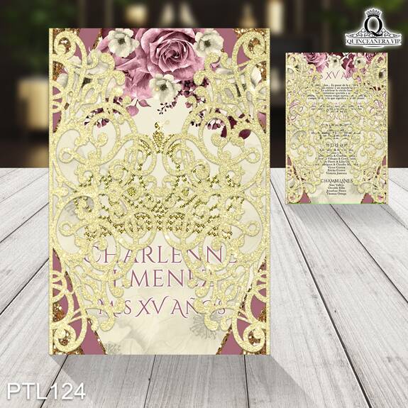 Invitaciones de Quinceañera Coronas Flores Brillantina PTL124 - PTL124