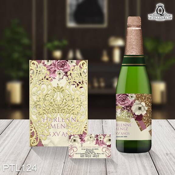 Invitaciones de Quinceañera Coronas Flores Brillantina PTL124 - PTL124