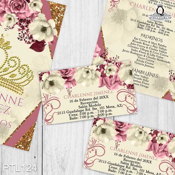 Invitaciones de Quinceañera Coronas Flores Brillantina PTL124 - PTL124