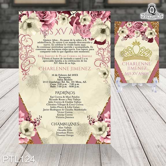 Invitaciones de Quinceañera Coronas Flores Brillantina PTL124 - PTL124