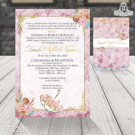 Invitaciones de Quinceañera Cama de Rosas Paraguas PTL200 - PTL200