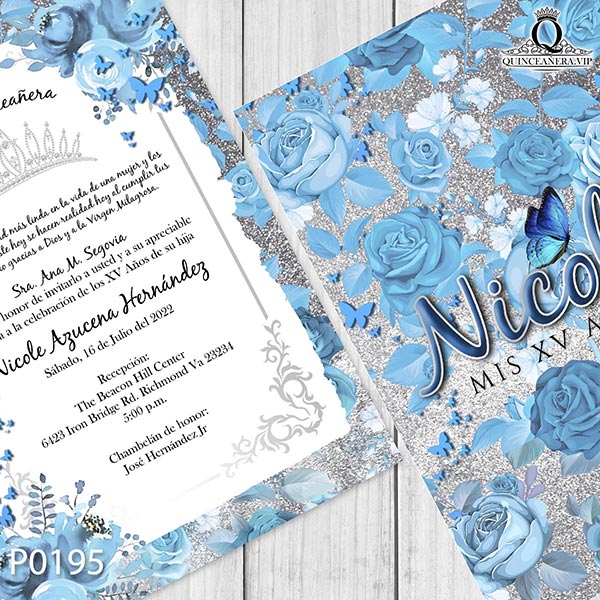 invitación de quinceañera azul con glitter plateado