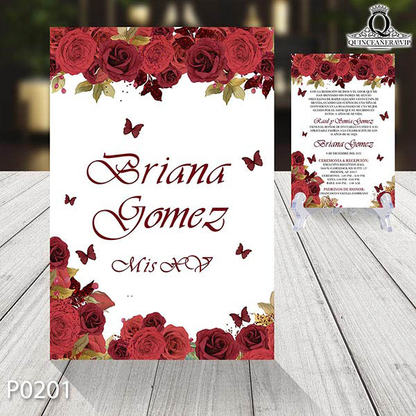 P0201 frente invitación de quinceañera tema floral y rosas