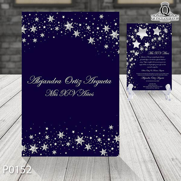 P0152 frente de invitaciones de quinceañera tema celestial estrellas color plata