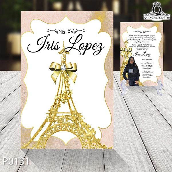 P0131 frente de invitación de quinceañera tema parís y ornamentos