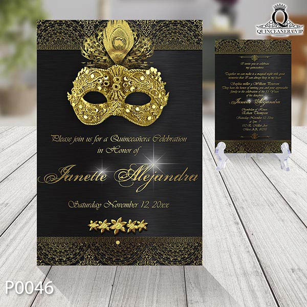 P0046 frente invitación quinceañera tema máscaras y antifaz