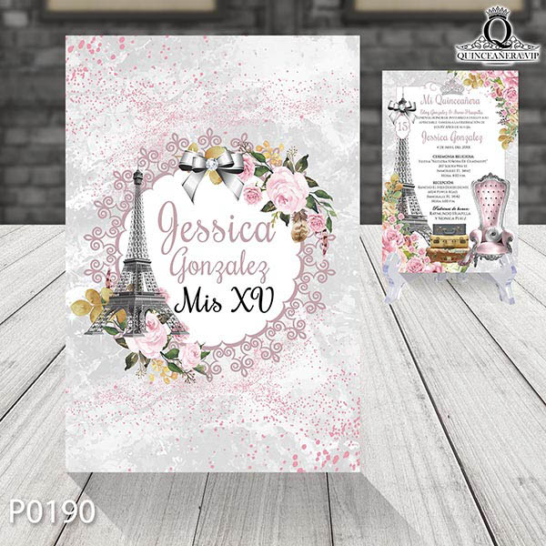 frente de invitación de quinceañera temática de viajes parís y torre eiffel