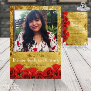 Invitación de XV años con diseño floral en tonos dorados y rojos, con una foto de una joven sonriente de cabello castaño oscuro y flequillo. Texto en la parte inferior: 'Mis XV Años Brianna Angelique Martinez, Noviembre 11, 20XX'. Decoración con rosas rojas en la parte inferior.
