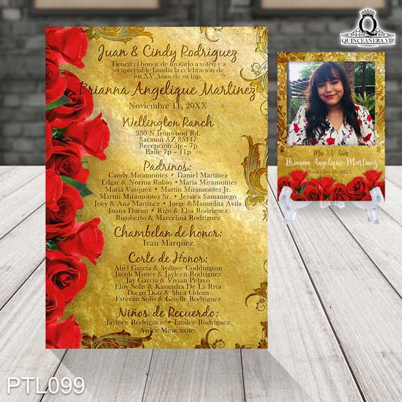 Reverso de la invitación de XV años con diseño floral en tonos dorados y rojos. Incluye detalles del evento, como los nombres de los padres (Juan y Cindy Rodriguez), la quinceañera (Brianna Angelique Martinez), y el lugar del evento (Wellington Ranch). Lista de padrinos, chambelán de honor, corte de honor y niños de recuerdo. Decoración con rosas rojas en el lateral izquierdo