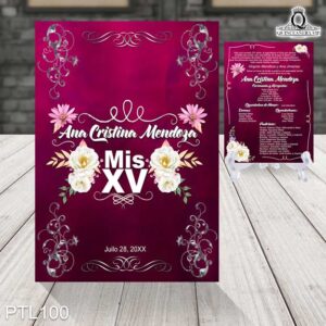 Invitación de XV años con diseño floral en tonos morados y blancos, con detalles de filigrana plateada y flores rosas y blancas. Texto en el centro: 'Ana Cristina Mendoza, Mis XV, Julio 28, 20XX'. Decoración floral en la parte superior e inferior
