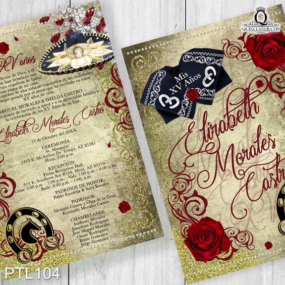 PTL104@ ¡Celebra tu quinceañera con estilo con nuestras 
invitaciones de XV años Vaquero y Sombrero Charro en colores Dorado y Rojo! Con un diseño 
rústico y elegante, estas invitaciones son perfectas para una fiesta temática vaquera llena de 
autenticidad y estilo, asegurando que tu celebración sea única. Solo de Quinceañera VIP en 
InvitacionesModernas.com