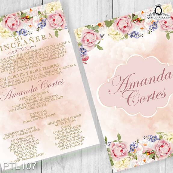 PTL107@ ¡Tu quinceañera perfecta comienza con nuestras 
invitaciones de 15 años Floral y Rosas en colores Rubor Rosa y Crema! Con un diseño delicado y 
romántico, estas invitaciones capturan la belleza de las flores, haciendo que tu celebración sea 
inolvidable y llena de encanto. Solo de Quinceañera VIP en InvitacionesModernas.com