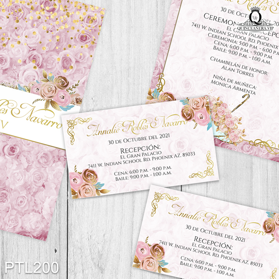 PTL200@ ¡Tu quinceañera, tu momento con nuestras invitaciones de
15 años Cama de Rosas y Paraguas en colores Rosa y Dorado! Con un diseño romántico y elegante,
estas invitaciones harán que tu celebración sea mágica e inolvidable. Solo de Quinceañera VIP en
InvitacionesModernas.com