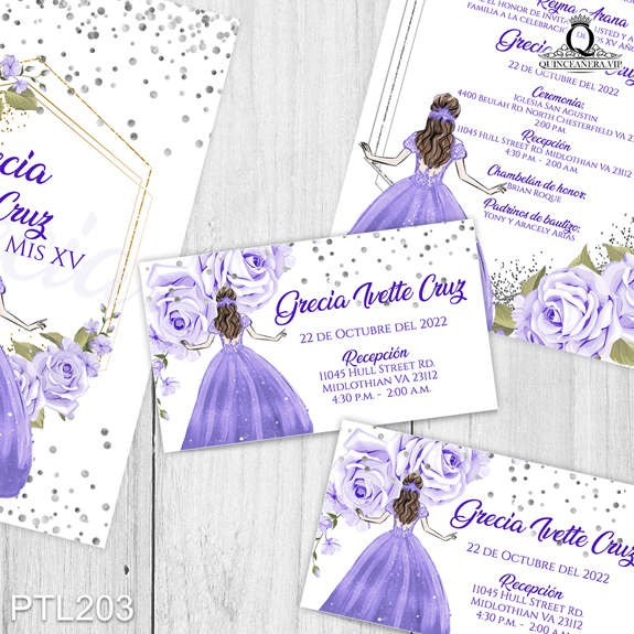 PTL203@ ¡Haz brillar tu quinceañera con nuestras invitaciones de 15
años Floral y Vestido en colores Blanco y Lavanda! Con un diseño delicado y elegante, estas
invitaciones harán que tu celebración sea llena de encanto y sofisticación. Solo de Quinceañera
VIP en InvitacionesModernas.com