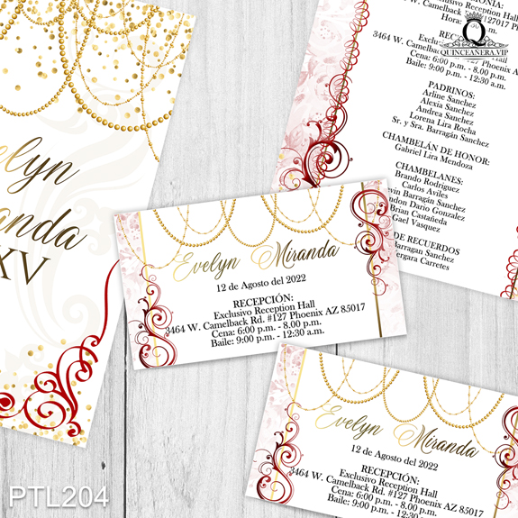 PTL204@ ¡Celebra tu quinceañera con estilo con nuestras
invitaciones de 15 años Glamuroso y Joyas en colores Blanco y Dorado! Con un diseño
deslumbrante y sofisticado, estas invitaciones capturan la esencia de una celebración llena de
glamour. Solo de Quinceañera VIP en InvitacionesModernas.com