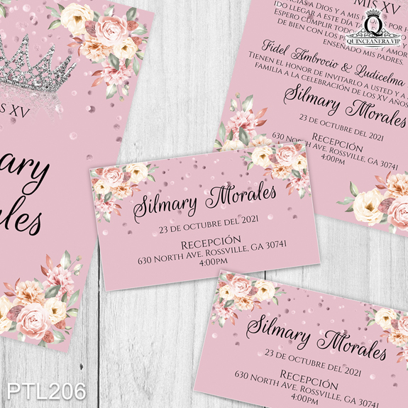 PTL206@ ¡Vive tu quinceañera al máximo con nuestras invitaciones
de XV años Floral y Coronas en colores Rosa Dorado y Plateado! Con un diseño elegante y
sofisticado, estas invitaciones harán que tu celebración sea deslumbrante y única. Solo de
Quinceañera VIP en InvitacionesModernas.com