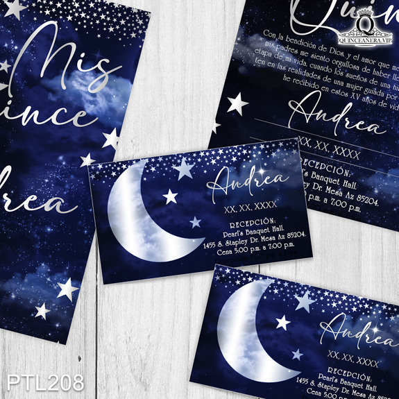 PTL208@ ¡Hagamos especial tu quinceañera con nuestras
invitaciones de 15 años Celestial y Luna en colores Azul Ultramarino y Plateado! Con un diseño
mágico y encantador, estas invitaciones harán que tu celebración sea única y memorable. Solo de
Quinceañera VIP en InvitacionesModernas.com