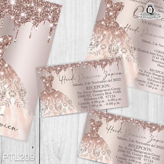 PTL209@ ¡Brilla en tu quinceañera con nuestras invitaciones de 15
años Glamuroso y Vestido en colores Rosa Dorado y Dorado! Con un diseño deslumbrante y
elegante, estas invitaciones aseguran que tu celebración sea llena de estilo y glamour. Solo de
Quinceañera VIP en InvitacionesModernas.com