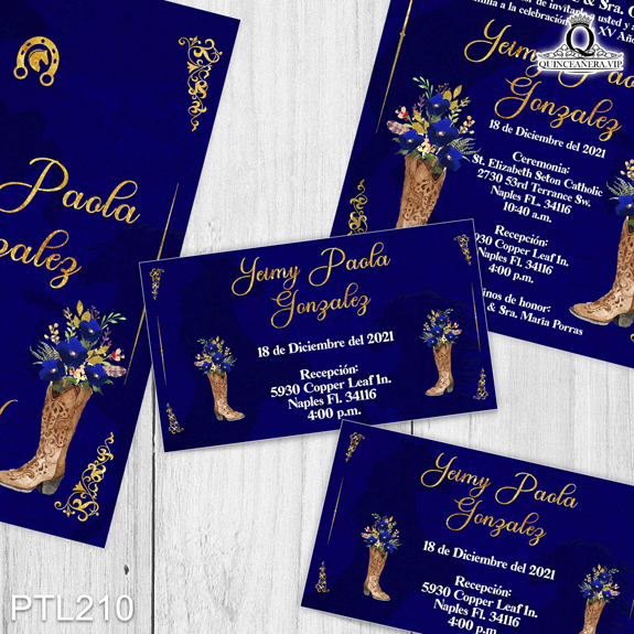 PTL210@ ¡Tu quinceañera, tu momento con nuestras invitaciones de
XV años Vaquero y Flores en colores Azul Royal y Dorado! Con un diseño rústico y elegante, estas
invitaciones son perfectas para una celebración temática vaquera llena de estilo y encanto. Solo
de Quinceañera VIP en InvitacionesModernas.com