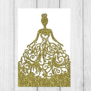 Invitaciones de XV años con corte láser de vestido en purpurina dorada.