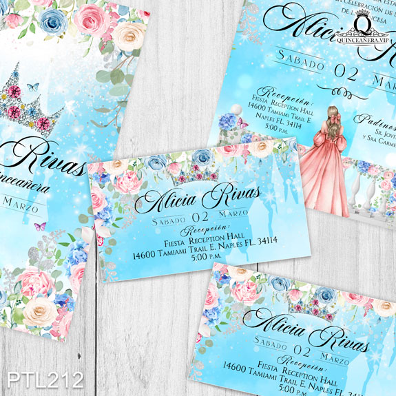 PTL212@ ¡Brilla en tu quinceañera con nuestras invitaciones de 15
años Princesa Aurora y Flores en colores Azul Celeste y Rubor Rosa! Con un diseño delicado y
hermoso, estas invitaciones harán que tu celebración sea mágica y llena de encanto. Solo de
Quinceañera VIP en InvitacionesModernas.com