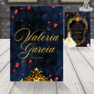 Invitaciones de 15 años de la Princesa Bella PTL216 frente y reverso