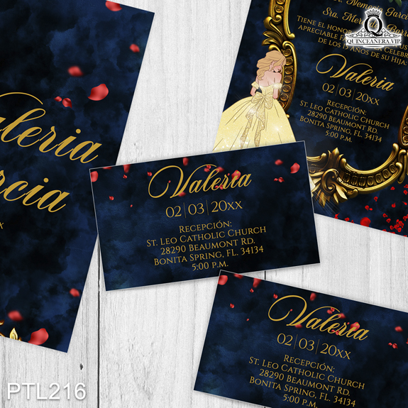 PTL216@ ¡Haz brillar tu quinceañera con nuestras invitaciones de 15
años Princesa Bella y Espejo en colores Azul Marino y Dorado! Con un diseño sofisticado y
encantador, estas invitaciones harán que tu celebración sea deslumbrante y llena de estilo. Solo
de Quinceañera VIP en InvitacionesModernas.com