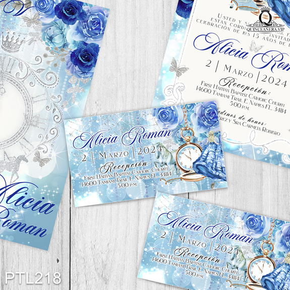 PTL218@ ¡Tu quinceañera inolvidable comienza con nuestras
invitaciones de XV años Princesa Cenicienta y Mariposas en colores Azul Royal y Azul Cielo! Con un
diseño delicado y encantador, estas invitaciones harán que tu celebración sea llena de magia y
estilo. Solo de Quinceañera VIP en InvitacionesModernas.com