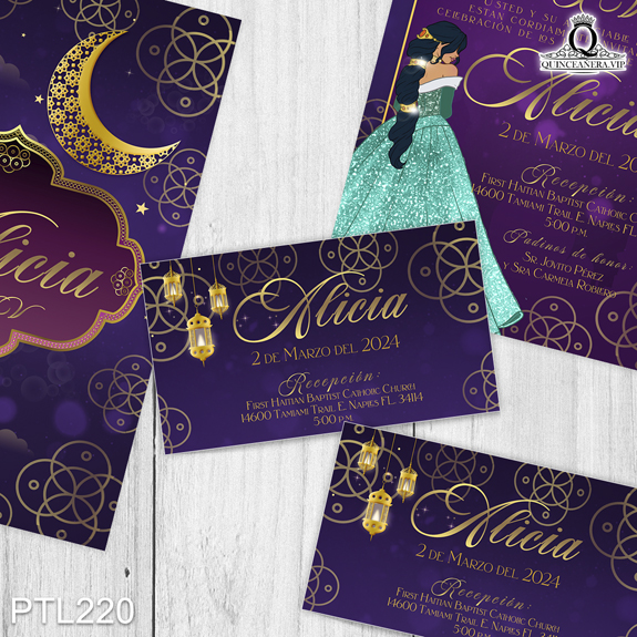 PTL220@ ¡Tu quinceañera perfecta comienza con nuestras
invitaciones de 15 años Princesa Jasmín y Medialuna en colores Morado y Dorado! Con un diseño
mágico y encantador, estas invitaciones capturan la esencia de un cuento de hadas, haciendo que
tu celebración sea inolvidable. Solo de Quinceañera VIP en InvitacionesModernas.com