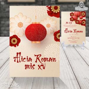 Invitaciones de Quinceañera de la Princesa Mulán PTL245 frente y reverso