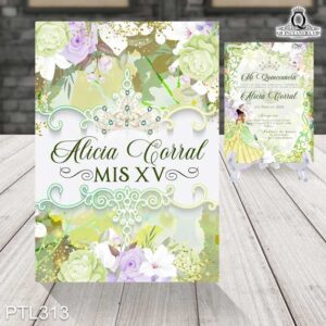 Invitaciones de quinceañera de la Princesa Tiana PTL313 frente y reverso