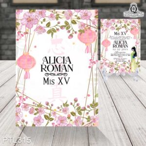 Invitaciones de la princesa Mulán para quinceañera ptl315 frente y reverso