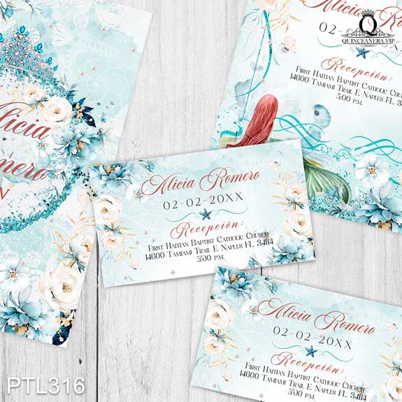 PTL316@ ¡Tu quinceañera, tu momento con nuestras invitaciones de
15 años Princesa Ariel y Sirena en colores Verde Menta y Blanco! Con un diseño encantador y
mágico, estas invitaciones aseguran que tu celebración sea única y memorable. Solo de
Quinceañera VIP en InvitacionesModernas.com